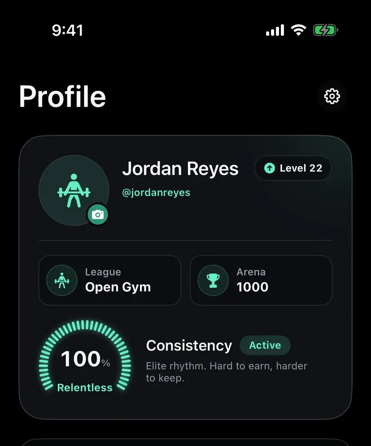 Current Gymmy profile identity UI with level, league, Arena rating, and consistency