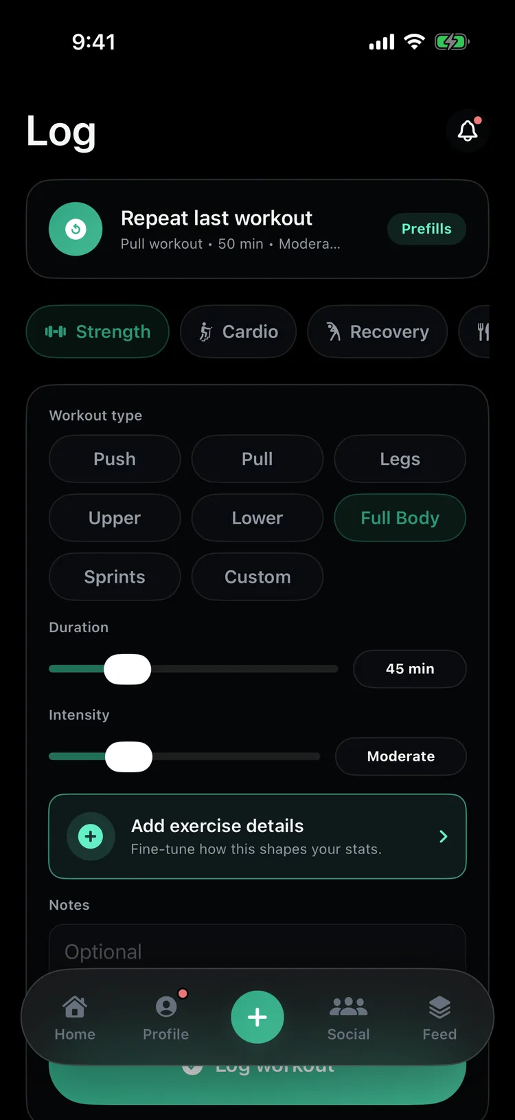 The Gymmy Log screen with strength selected, session type chips, duration and intensity controls, and a Log workout button