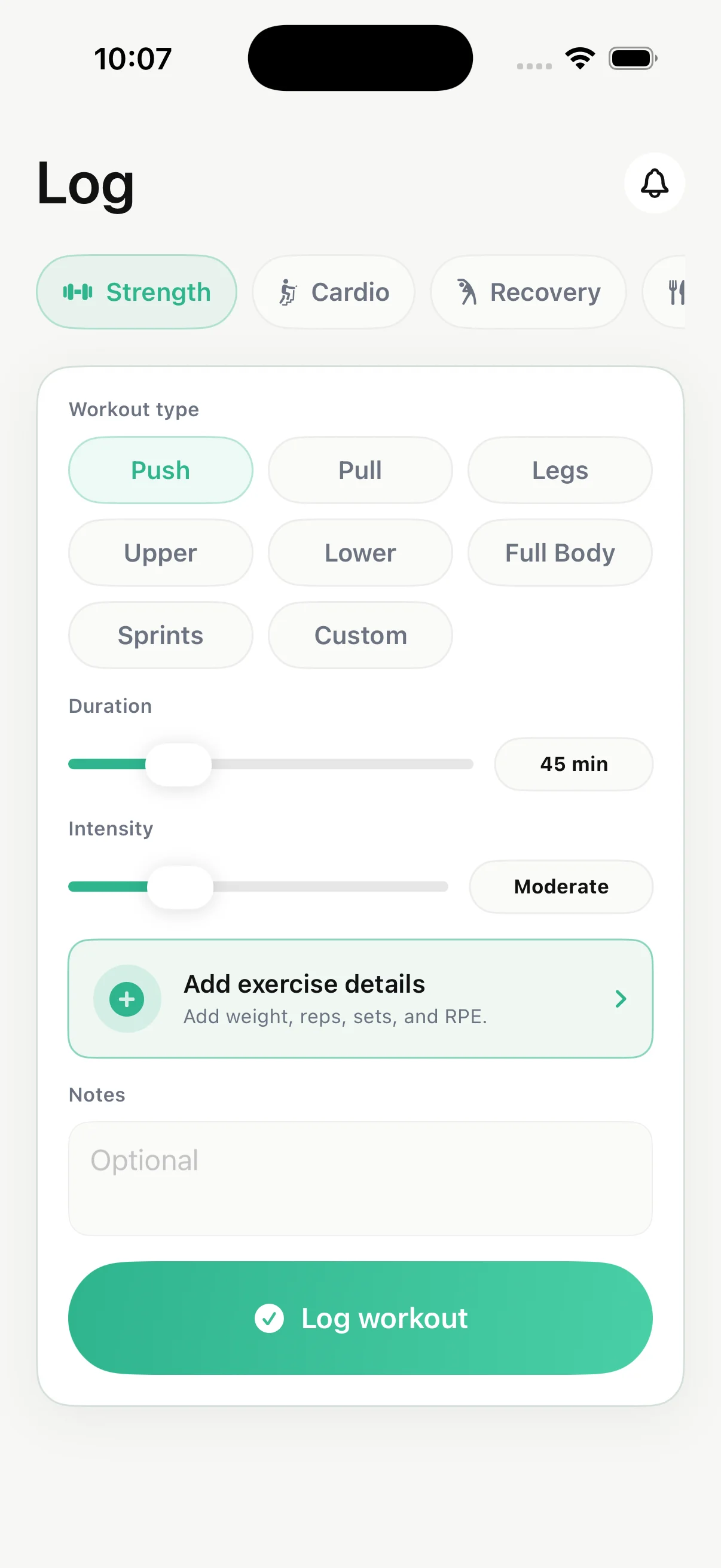 The current Gymmy Log screen in Light appearance with Strength selected, complete workout type controls, duration, intensity, exercise details, notes, and the unobscured Log workout action